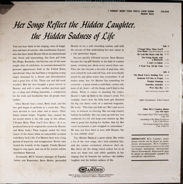 Skeeter Davis - I Forgot More Than You'll Ever Know - LP