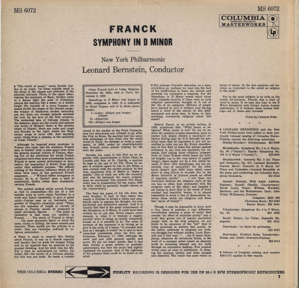 Franck* - Leonard Bernstein, New York Philharmonic* - Symphony In D Minor - LP
