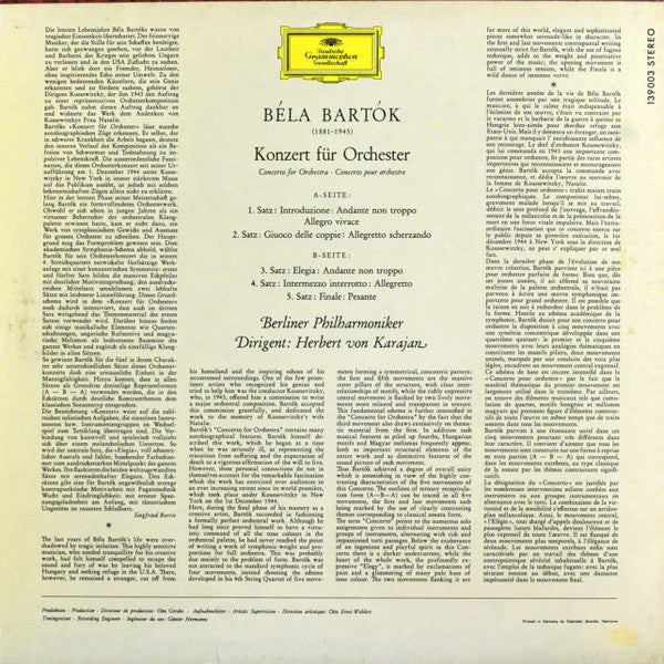 Bartók* - Berliner Philharmoniker · Herbert von Karajan - Konzert Für Orchester - LP