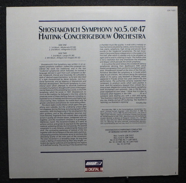 Shostakovich* - Concertgebouw Orchestra*, Bernard Haitink - Symphony No. 5 - LP