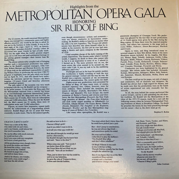 Various - Highlights From Metropolitan Opera Gala Honouring Sir Rudolf Bing - LP