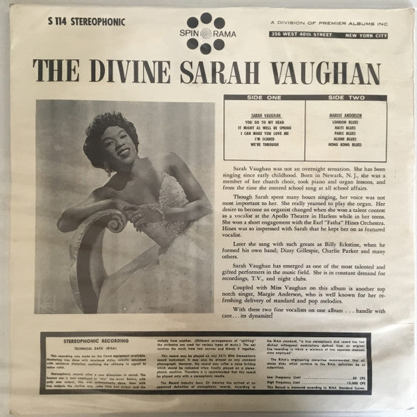 Sarah Vaughan With Margie Anderson - The Divine Sarah Vaughan Sings - LP
