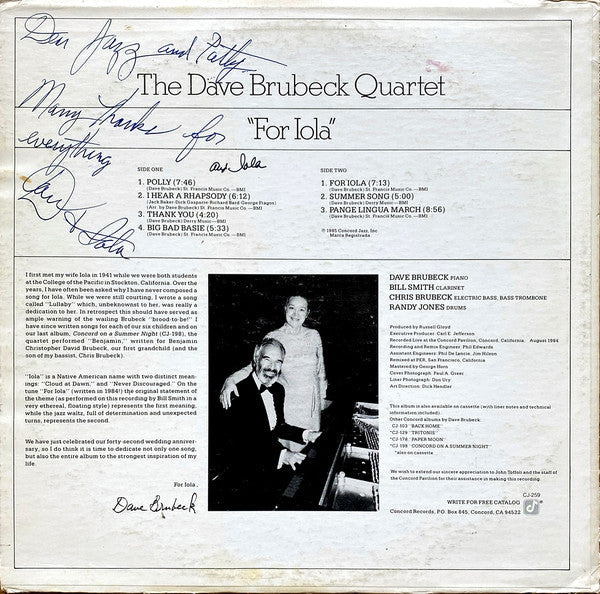 The Dave Brubeck Quartet - For Iola - LP