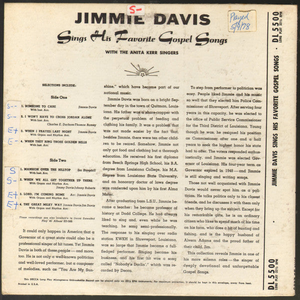 Jimmie Davis With The Anita Kerr Singers - Jimmie Davis Sings His Favorite Gospel Songs - LP
