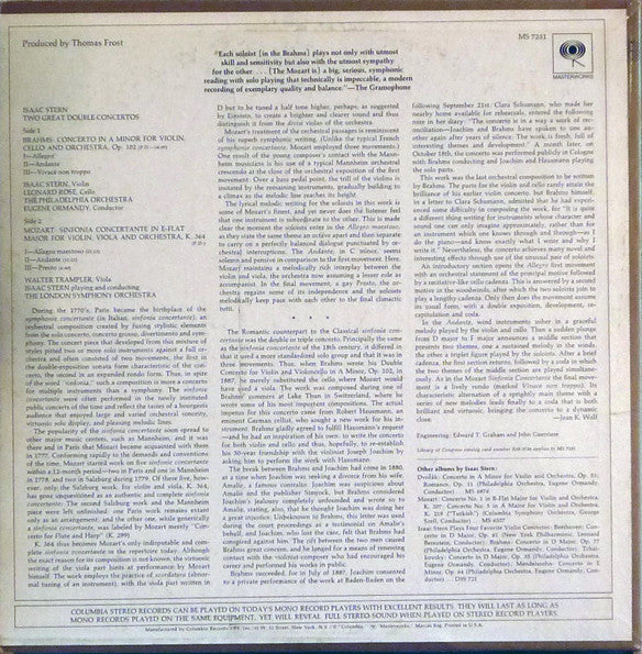 Brahms*, Mozart*, Isaac Stern, Leonard Rose, Eugene Ormandy, Walter Trampler, The Philadelphia Orchestra, The London Symphony Orchestra - Double Concerto / Sinfonia Concertante - LP