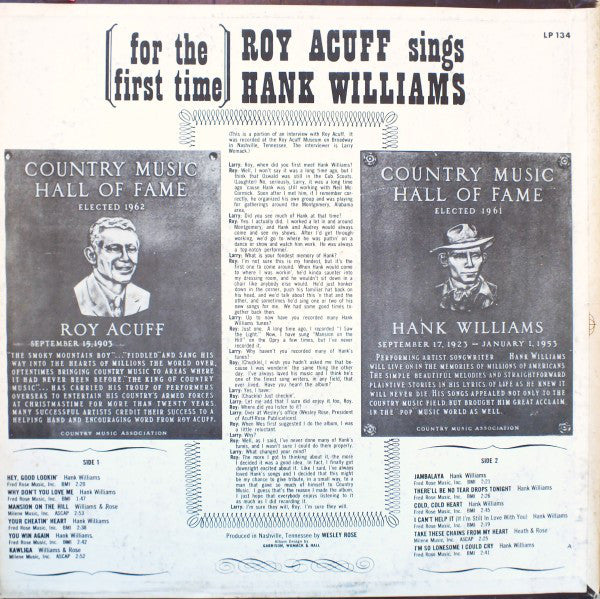 Roy Acuff - Roy Acuff Sings Hank Williams - LP