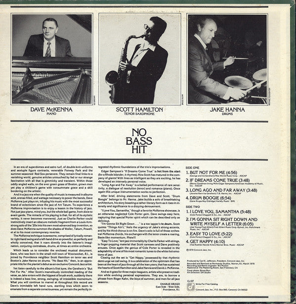 Dave McKenna · Scott Hamilton · Jake Hanna - No Bass Hit - LP
