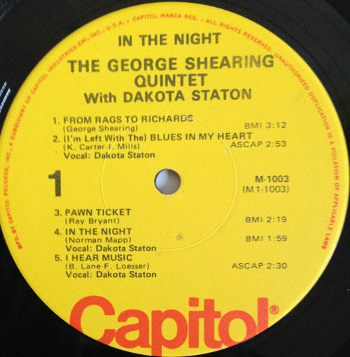 The George Shearing Quintet With Dakota Staton - In The Night - LP