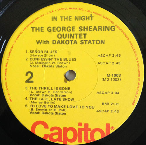 The George Shearing Quintet With Dakota Staton - In The Night - LP