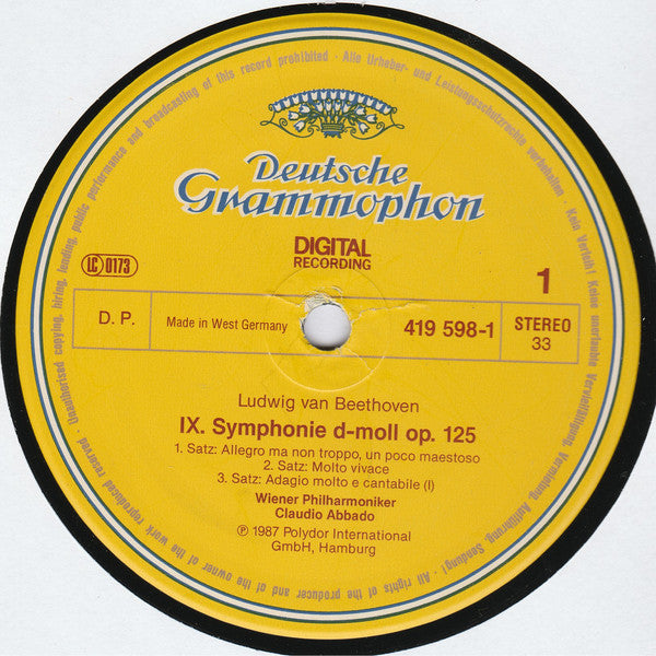 Beethoven* / Wiener Philharmoniker / Claudio Abbado / Gabriela Beňačková / Marjana Lipovšek / Gösta Winbergh / Hermann Prey / Konzertvereinigung Wiener Staatsopernchor* - Symphonie No. 9 - LP