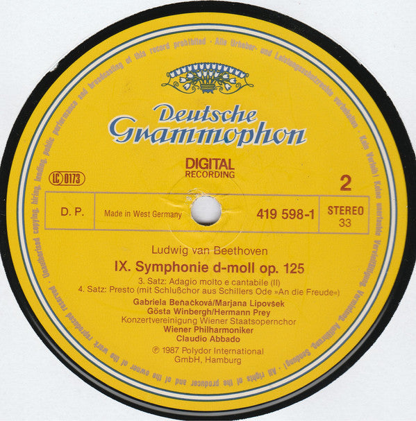 Beethoven* / Wiener Philharmoniker / Claudio Abbado / Gabriela Beňačková / Marjana Lipovšek / Gösta Winbergh / Hermann Prey / Konzertvereinigung Wiener Staatsopernchor* - Symphonie No. 9 - LP