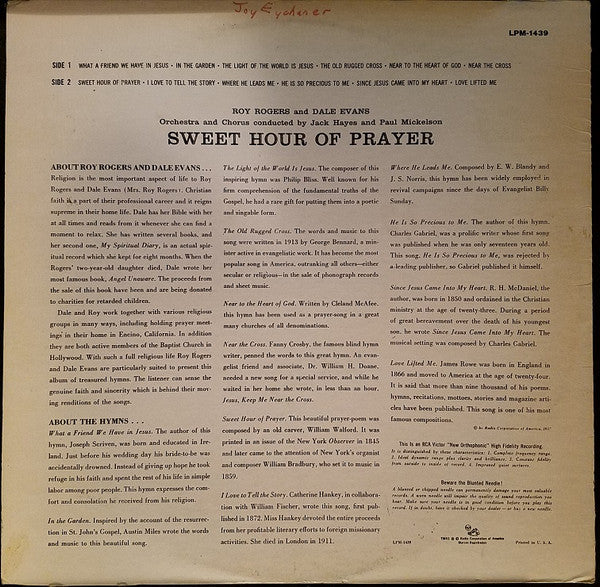 Roy Rogers - Dale Evans* - Sweet Hour Of Prayer - LP