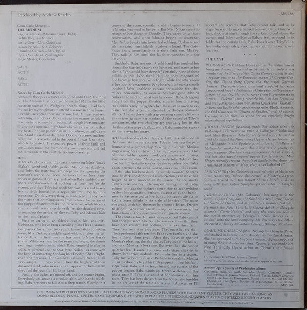 Menotti* - Regina Resnik, Judith Blegen, Opera Society of Washington, Jorge Mester - The Medium - LP