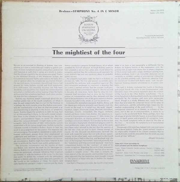 Brahms* / Boston Symphony Orchestra, Erich Leinsdorf - Symphony No. 4 In E Minor - LP