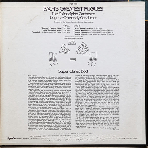 Johann Sebastian Bach, Eugene Ormandy, The Philadelphia Orchestra - Bach's Greatest Fugues Scored For Double Orchestra - LP