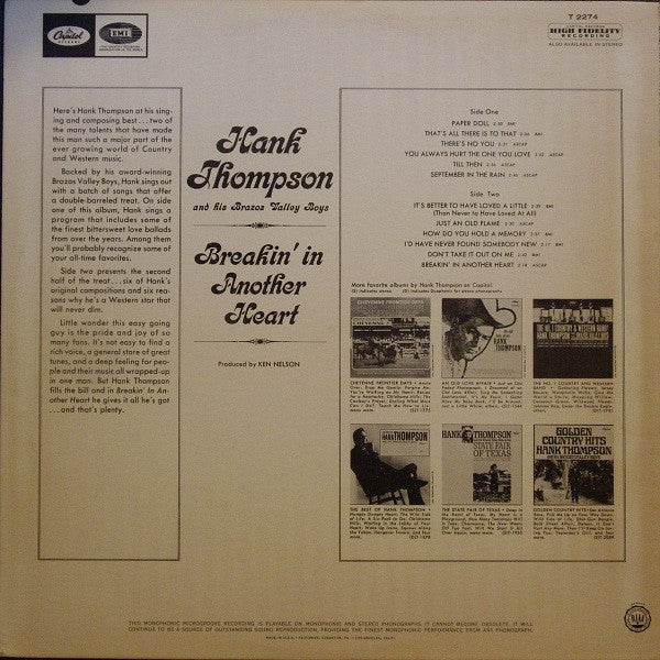 Hank Thompson And His Brazos Valley Boys - Breakin' In Another Heart - LP