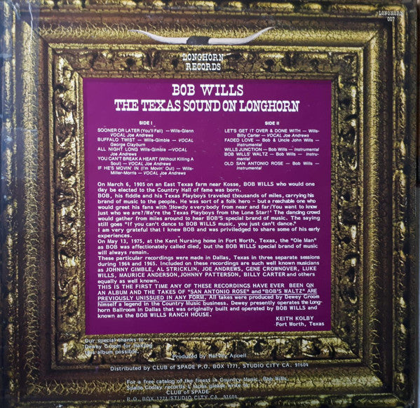 Bob Wills - The Texas Sound On Longhorn - LP