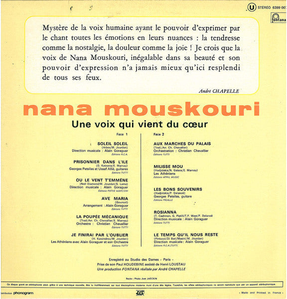 Nana Mouskouri - Une Voix Qui Vient Du Cœur - LP