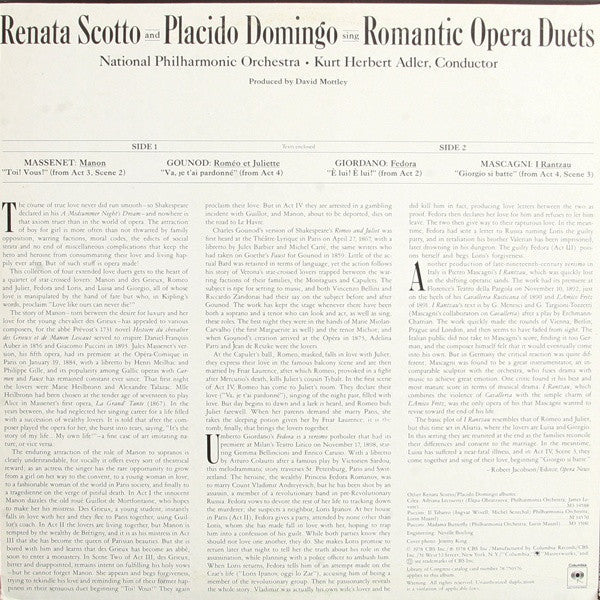 Renata Scotto And Placido Domingo With National Philharmonic Orchestra, Kurt Herbert Adler - Sing Romantic Opera Duets - LP
