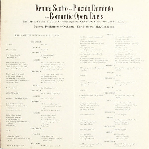 Renata Scotto And Placido Domingo With National Philharmonic Orchestra, Kurt Herbert Adler - Sing Romantic Opera Duets - LP