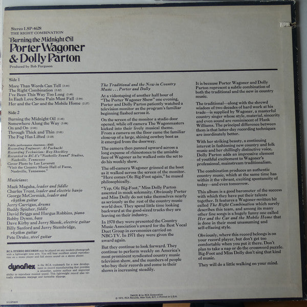 Porter Wagoner And Dolly Parton - The Right Combination Burning The Midnight Oil - LP