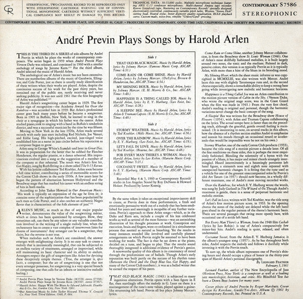 André Previn Plays Songs By Harold Arlen - André Previn Plays Songs By Harold Arlen - LP
