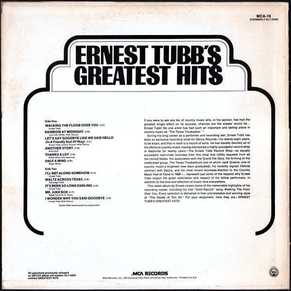 Ernest Tubb - Ernest Tubb's Greatest Hits - LP
