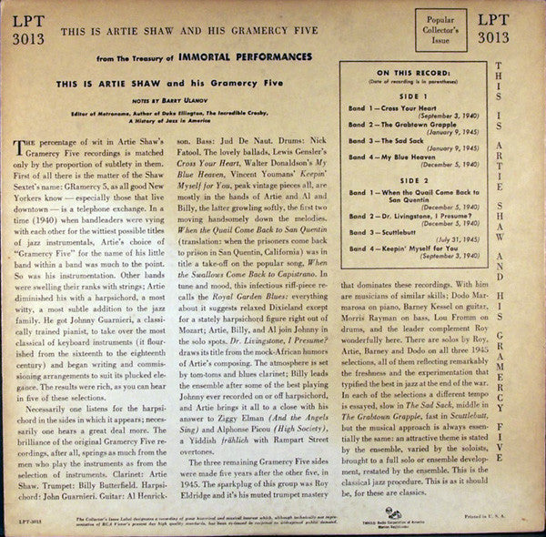 Artie Shaw And His Gramercy Five - This Is Artie Shaw And His Gramercy Five - LP