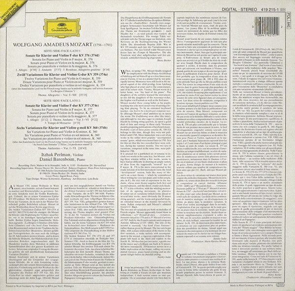 Mozart*, Itzhak Perlman ∙ Daniel Barenboim - Sonaten Für Klavier Und Violine ∙ 12 Variationen Kv 359 ∙ 6 Variationen Kv 360 - LP