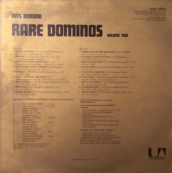 Fats Domino - Rare Dominos Volume Two - LP