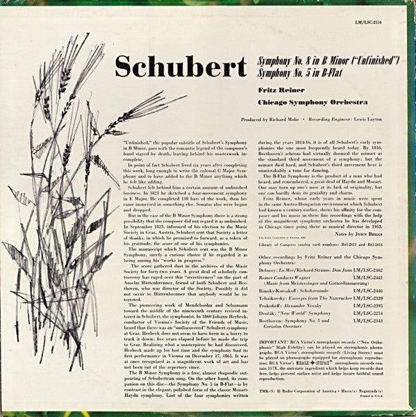 Reiner* / Chicago Symphony*, Schubert* -  Unfinished And Symphony No. 5 - LP