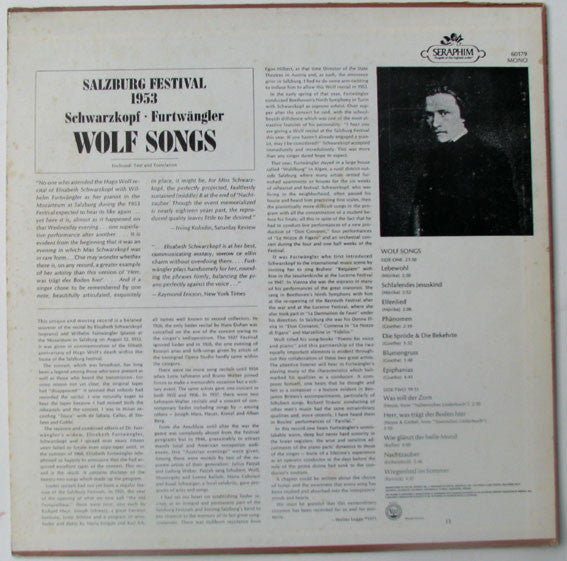 Schwarzkopf* - Furtwängler* - Salzburg Festival 1953 - Wolf Songs - LP