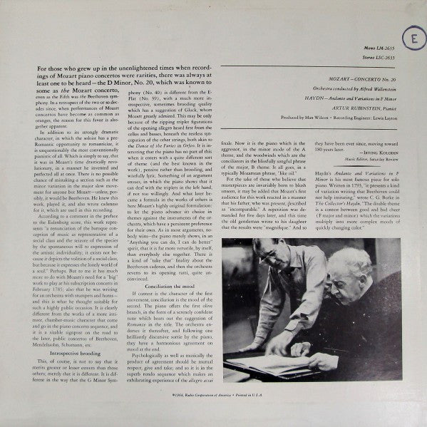 Rubinstein*, Alfred Wallenstein, Mozart*, Haydn* - Concerto No.20 / Andante And Variations In F Minor - LP