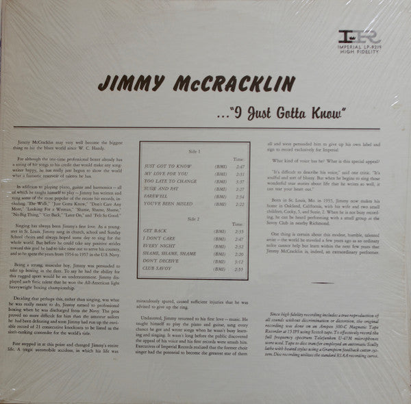 Jimmy McCracklin - I Just Gotta Know - LP