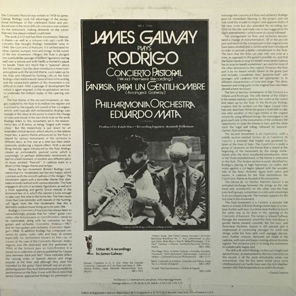 James Galway, Eduardo Mata, Philharmonia Orchestra - Plays Rodrigo Concierto Pastoral, Fantasia Para Un Gentilhombre - LP
