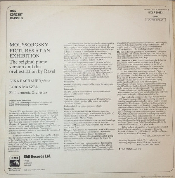 Moussorgsky*, Gina Bachauer, Lorin Maazel, Philharmonia Orchestra - Pictures At An Exhibition - The Original Piano Version And The Orchestration By Ravel - LP