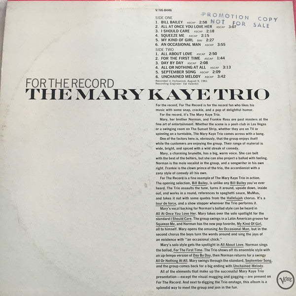 The Mary Kaye Trio - For The Record - LP