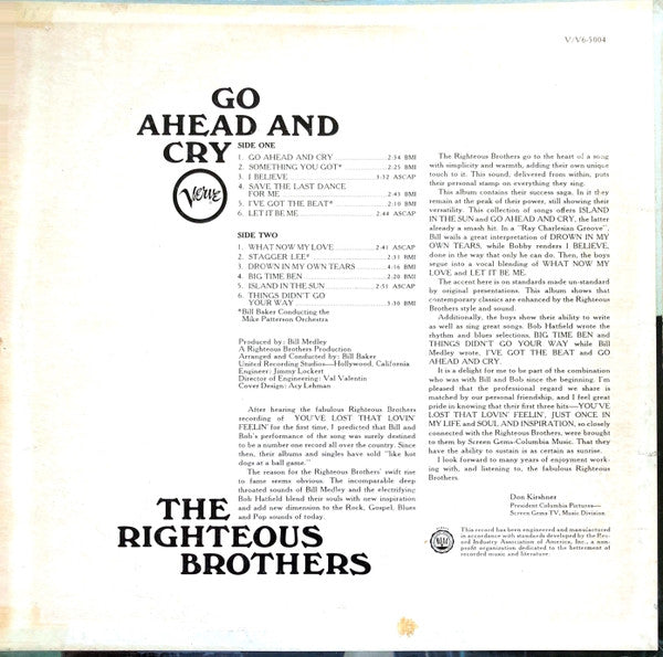 The Righteous Brothers - Go Ahead And Cry - LP