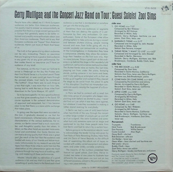 Gerry Mulligan And The Concert Jazz Band* Guest Soloist: Zoot Sims - Gerry Mulligan And The Concert Jazz Band On Tour - LP