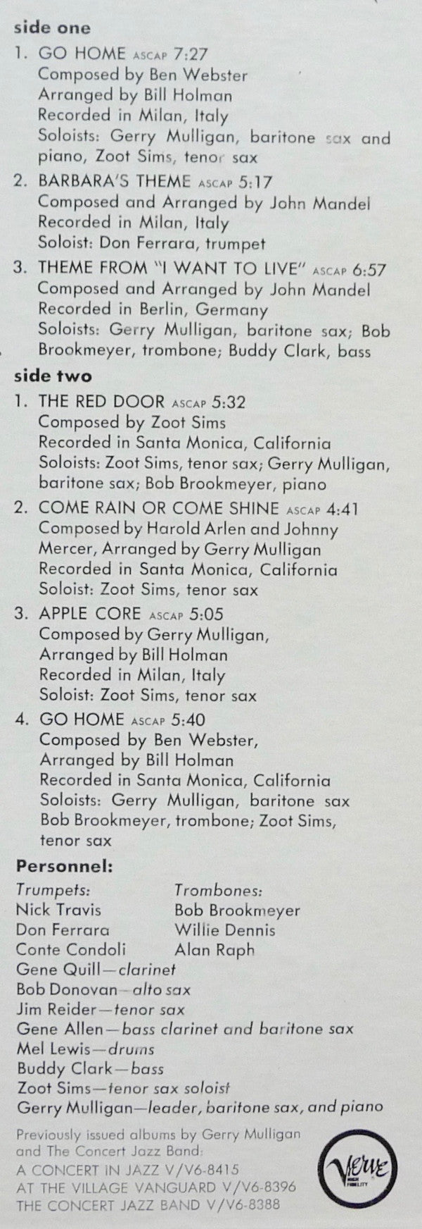 Gerry Mulligan And The Concert Jazz Band* Guest Soloist: Zoot Sims - Gerry Mulligan And The Concert Jazz Band On Tour - LP