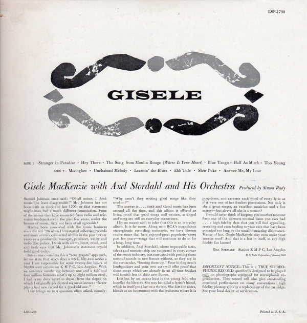 Gisele MacKenzie With Axel Stordahl And His Orchestra* - Gisele - LP