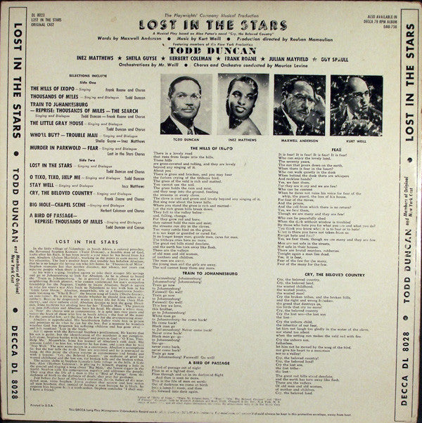 Kurt Weill, Maxwell Anderson - Todd Duncan (3) - Inez Matthews - Sheila Guyse - Herbert Coleman - Frank Roane - Julian Mayfield - Guy Paul - Lost In The Stars (Original Cast) - LP