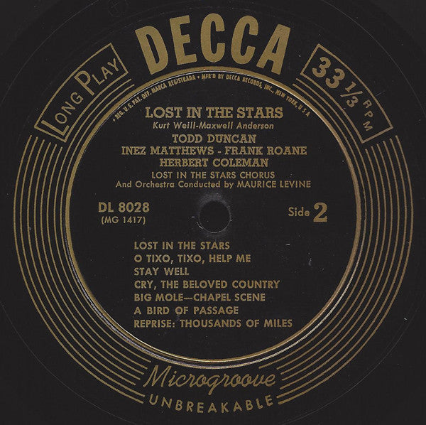 Kurt Weill, Maxwell Anderson - Todd Duncan (3) - Inez Matthews - Sheila Guyse - Herbert Coleman - Frank Roane - Julian Mayfield - Guy Paul - Lost In The Stars (Original Cast) - LP