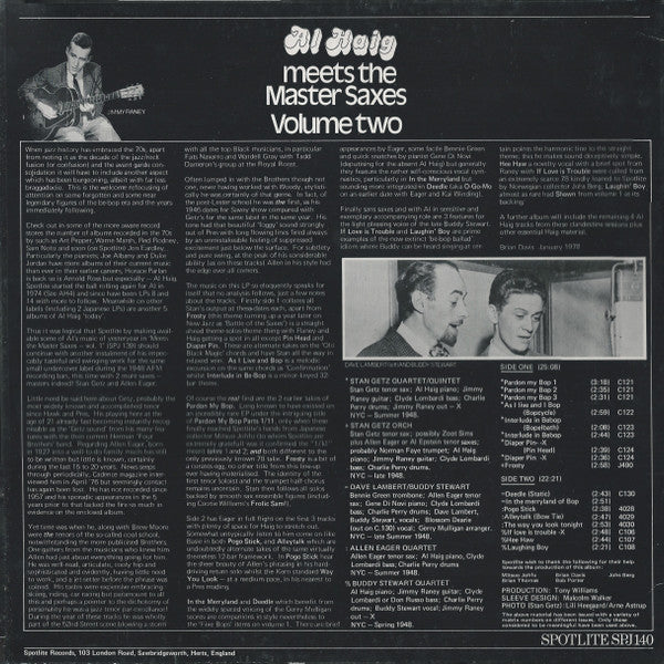 Al Haig, Allen Eager And Stan Getz - Al Haig Meets The Master Saxes (Volume Two) - LP