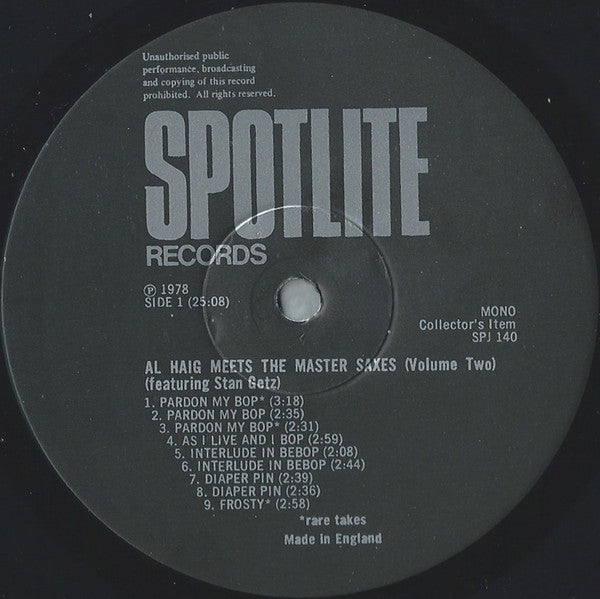 Al Haig, Allen Eager And Stan Getz - Al Haig Meets The Master Saxes (Volume Two) - LP