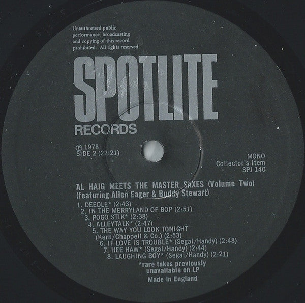 Al Haig, Allen Eager And Stan Getz - Al Haig Meets The Master Saxes (Volume Two) - LP