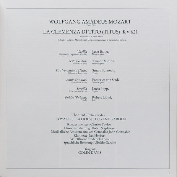 Mozart* - Colin Davis*, Baker*, Minton*, Burrows*, Von Stade*, Popp*, Lloyd*, Orchestra* And Chorus Of The Royal Opera House, Covent Garden - La Clemenza Di Tito - LP