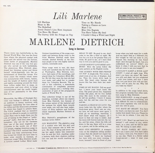 Marlene Dietrich - Lili Marlene (Sung In German) - LP