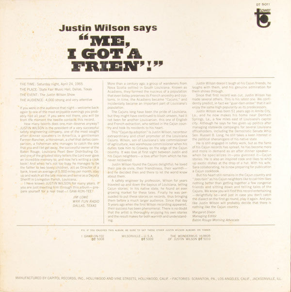 Justin Wilson - Justin Wilson Says "Me, I Got A Frien'!" - LP