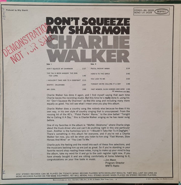 Charlie Walker (2) - Don't Squeeze My Sharmon - LP